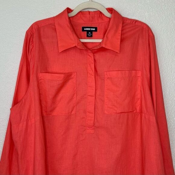 Lands’ End Linen Blend Orange Button Down Women’s Shirt - Picture 3 of 12